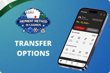 JazzCash transaction types including wallet deposits, IBFT transfers, and QR payments for Pakistani casino players